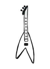 Hand drawn punk rock musical guitar. Grafitti icon, crayon sketch, scribble for tattoo, sticker, poster, disco party, retro podcast. Grunge music audio element. Doodle Isolated vector illustration.