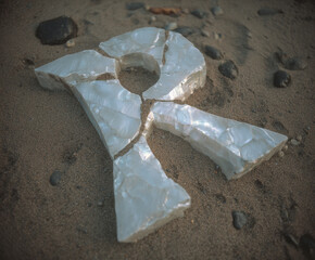 Close-up of the letter R carved in stone on sand