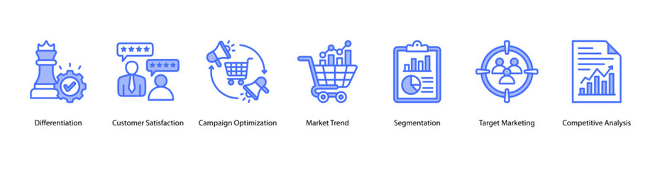 Customer Experience Optimization web banner icon vector illustration featuring Differentiation, Customer Satisfaction, Market Trend, Segmentation, Target Marketing, and Competitive Analysis.