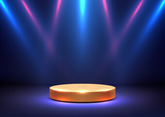 spotlight product display with glowing gold pedestal on dark stage with blue and pink lights mockup template for luxury showcase showroom branding advertising concept