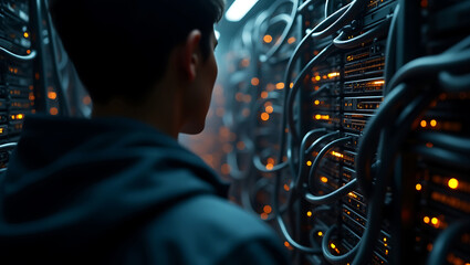 Technician inspecting server room cables and lights