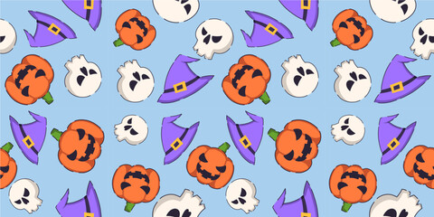Seamless Halloween Pattern with Pumpkins, Skulls, and Witch Hats – Cute Spooky Vector Background