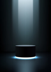black 3d podium with spotlight and blue glow for product display in dark empty studio scene perfect for modern showcase mockup presentation background or minimalist branding design