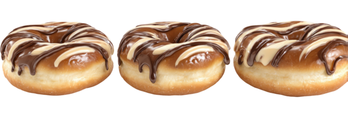 Three glazed donuts with swirling chocolate and cream icing