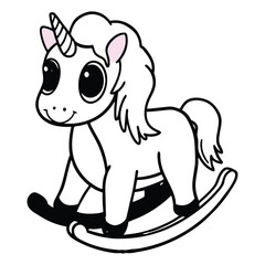 Vector art of black and white illustration of a rocking unicorn horse toy, isolated on white background