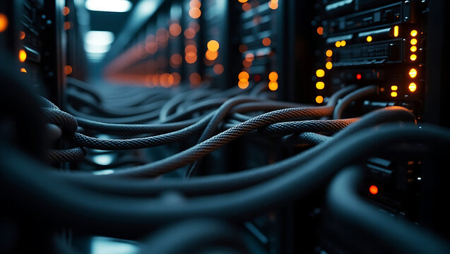 Network server room with glowing lights and tangled cables connection - Powered by Adobe