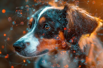 Dog portrait with abstract connected network effect