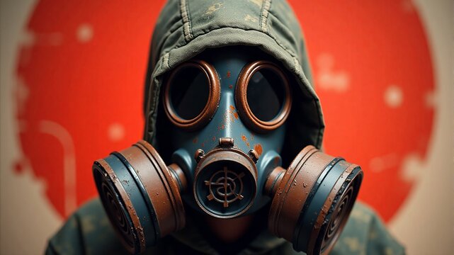 Gas mask and hooded person with a red circle in the background