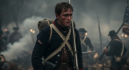 Soldier in Civil War Uniform with Rifle in Battle