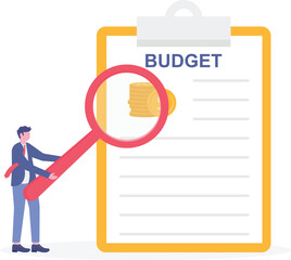 Flat illustration of businessman revealing hidden coins under budget sheet with magnifier light to uncover financial insights and spending analysis
