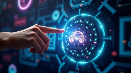 Hand interacting with futuristic digital car interface technology