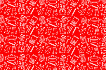 School and education icon seamless pattern. Seamless pattern of school supplies. Back to school with doodle icons. Line art icons of education. Set of icons related with school supplies.
