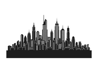 Naklejka premium City Skyline: A stunning graphic representation of a dynamic cityscape, presenting a silhouette of architectural marvels that evokes a sense of ambition and urban vitality. 