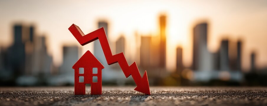 Financial wellness concept House icon with downward arrow against cityscape, symbolizing real estate decline.