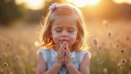 Little girl praying in flower field at sunset