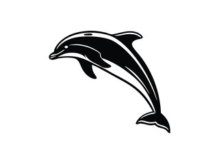 Naklejka premium Vector art of a black silhouette of a dolphin jumping out of the water, isolated on a white background