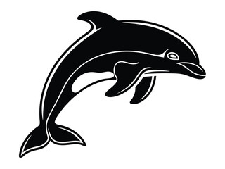 Vector art of black and white silhouette of a dolphin jumping, isolated on white background