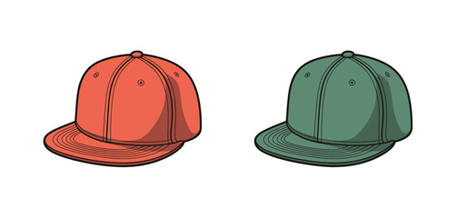 Two flat brim baseball caps one orange one green