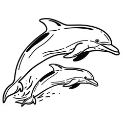 Vector art of two dolphins jumping and swimming in the water, isolated on white background