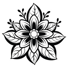 Fototapeta premium Vector art of black and white stylized flower with six petals and leaves isolated on white background