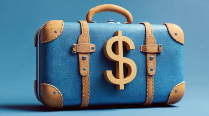 Financial wellness concept A vintage suitcase with a large dollar sign on a blue background.