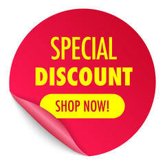 Special discount sale shop now sticker realistic 3d style for party poster, black friday banner advertising, discounts symbol, promotion, billboard, social media. Vector 10 eps