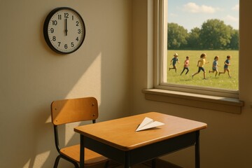 Quiet classroom with a clock and paper plane by an open window, kids playing outside