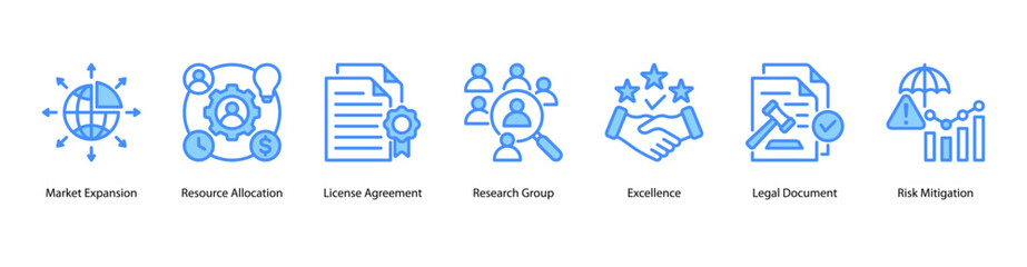 Strategic Growth web banner icon vector illustration featuring Market Expansion, Resource Allocation, License Agreement, Research Group, Excellence, Legal Document, and Risk Mitigation.