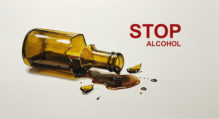 "Stop Alcohol" text in bold red letters next to broken bottle and spilled liquid, awareness campaign