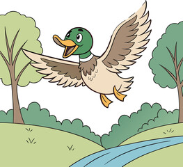 Vector art of a cartoon mallard duck flying joyfully over a scenic landscape with trees and a river