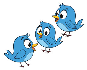 Vector art of three cute cartoon blue birds with big eyes and yellow beaks, isolated on white background