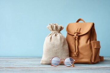 Stylish leather backpack, fabric pouch, and glasses on wooden surface. concept of travel or personal accessories