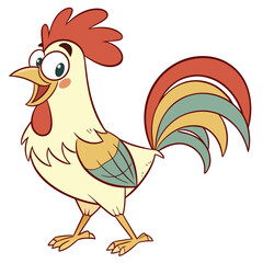 Vector art of a cheerful cartoon rooster standing and walking, isolated on white background