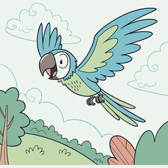 Vector art of a cute cartoon parrot with blue and green wings flying joyfully in the sky with clouds