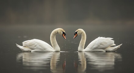 Fototapeta premium Swans Facing Each Other on Water with Reflection