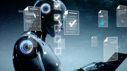 Ai Futuristic Document management concept, check electronic documents on digital documents on virtual screen Document Management System and process automation to efficiently document, AI 3D robot - Powered by Adobe