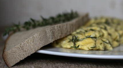 scrambled eggs with herbs and toasted whole grain bread