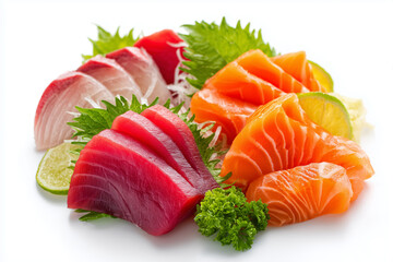 Japanese style sushi roll isolated on white background, Various set of sushi with fresh raw fish on white, Set of sashimi on white background.