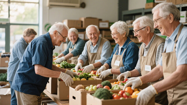 Elderly volunteers packing boxes at food bank, active and healthy retirement activity