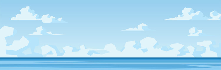 Blue sky with white fluffy clouds over calm ocean water. Vector illustration of a peaceful seascape with a horizon line. Minimalist panoramic nature background for web banner and design projects. © Firsik Anton