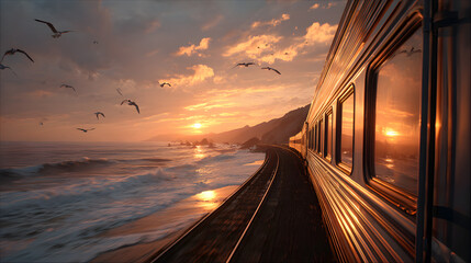 Train travels along coastal track at sunset with seagulls