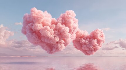 Beautiful pink clouds shaped like hearts above a tranquil sea at sunset