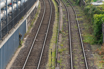 Naklejka premium Close-up of several railway tracks with vegetation and details of the rail structure. The focus is on the switch and the greenery on both sides.