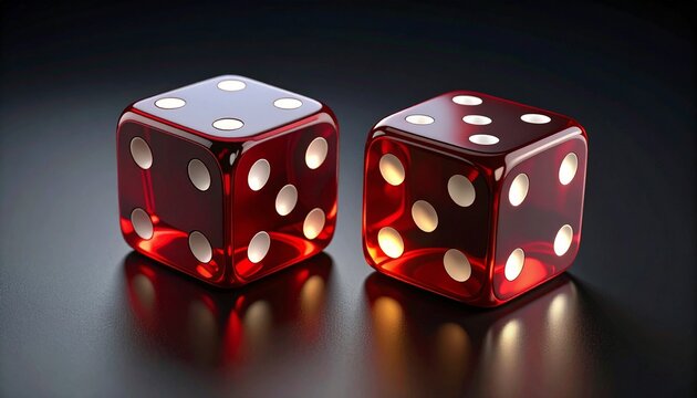 "Two glossy red dice with white dots, both showing the number five, placed on a reflective surface with dramatic lighting."