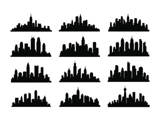 Urban Skylines Collection: A diverse set of stylized silhouettes of iconic cityscapes, celebrating the dynamic architecture and character of metropolises. 