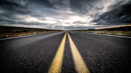 Naklejka premium A deserted road stretches toward the horizon under dramatic cloudy skies, creating a cinematic mood.