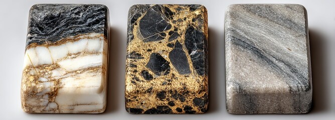 Three elegant rectangular tiles with marble textures in a minimalistic setting