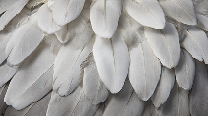 An intricate close-up of pristine white bird feathers arranged in an elegant pattern.