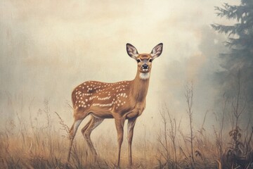 Naklejka premium Elegant deer standing gracefully in a foggy meadow during early morning light, Vertical Video Deer in Foggy Meadow Scenic