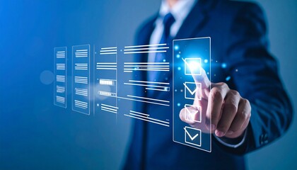 Businessman touches a digital progress checklist with check marks and an advancing loading bar, symbolizing task completion and project progress. progress bar, Management and tracking strategies